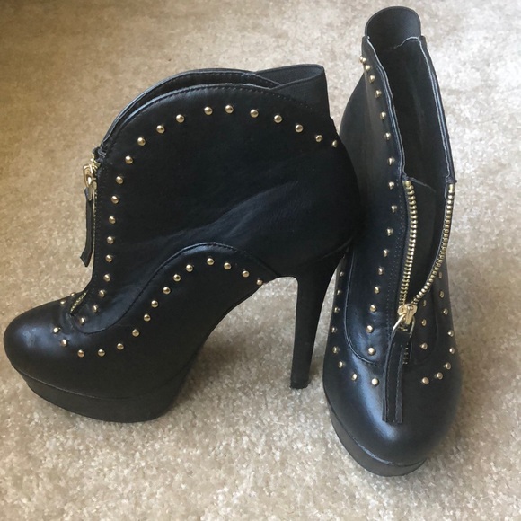 JustFab Shoes - JustFab Black Heeled Booties with Gold Studs